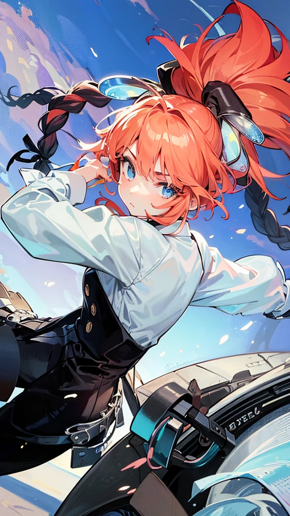 (masterpiece, Best quality:1.2), One, 1 girl, Hands, inexpressive, closed mouth, Looking at the viewer, braided ponytail, eyes with rings, formal, coat, collared shirt, black tie, black trousers,