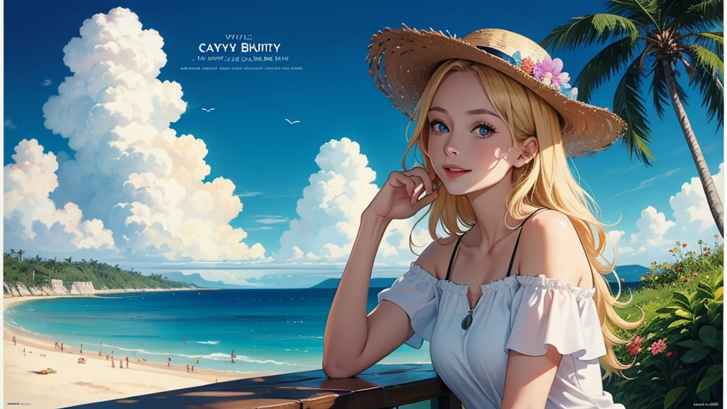 Rococo style, (Movie Posters:1.2), Soft lighting, (Elevation:1.25), (alone:1.4), (One girl), ((Blonde), Long Curly Hair), blue eyes, (smile), Beach straw hat, (Off-the-shoulder shirt), Hat Flower, (Look to the side:1.3), Wonderful colorful, Ocean, Coconut Tree, Blue sky with clouds, (Beach:1.3), (masterpiece:1.2), Super detailed, (Highest quality), figure, (Depth of written boundary)