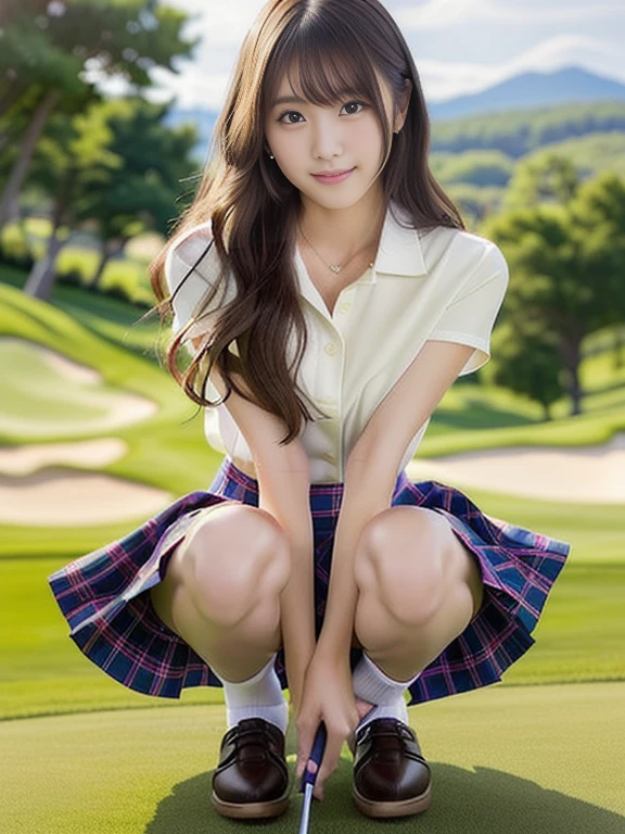 Photo-realistic quality、A woman in a white blouse is holding a golf club, Japanese girls uniform, Cute school girl, Realistic young gravure idol, Young and cute gravure idol, High school girl posing, Surreal , Young and skinny gravure idol,Girl wearing short-sleeved blouse, Japanese Model