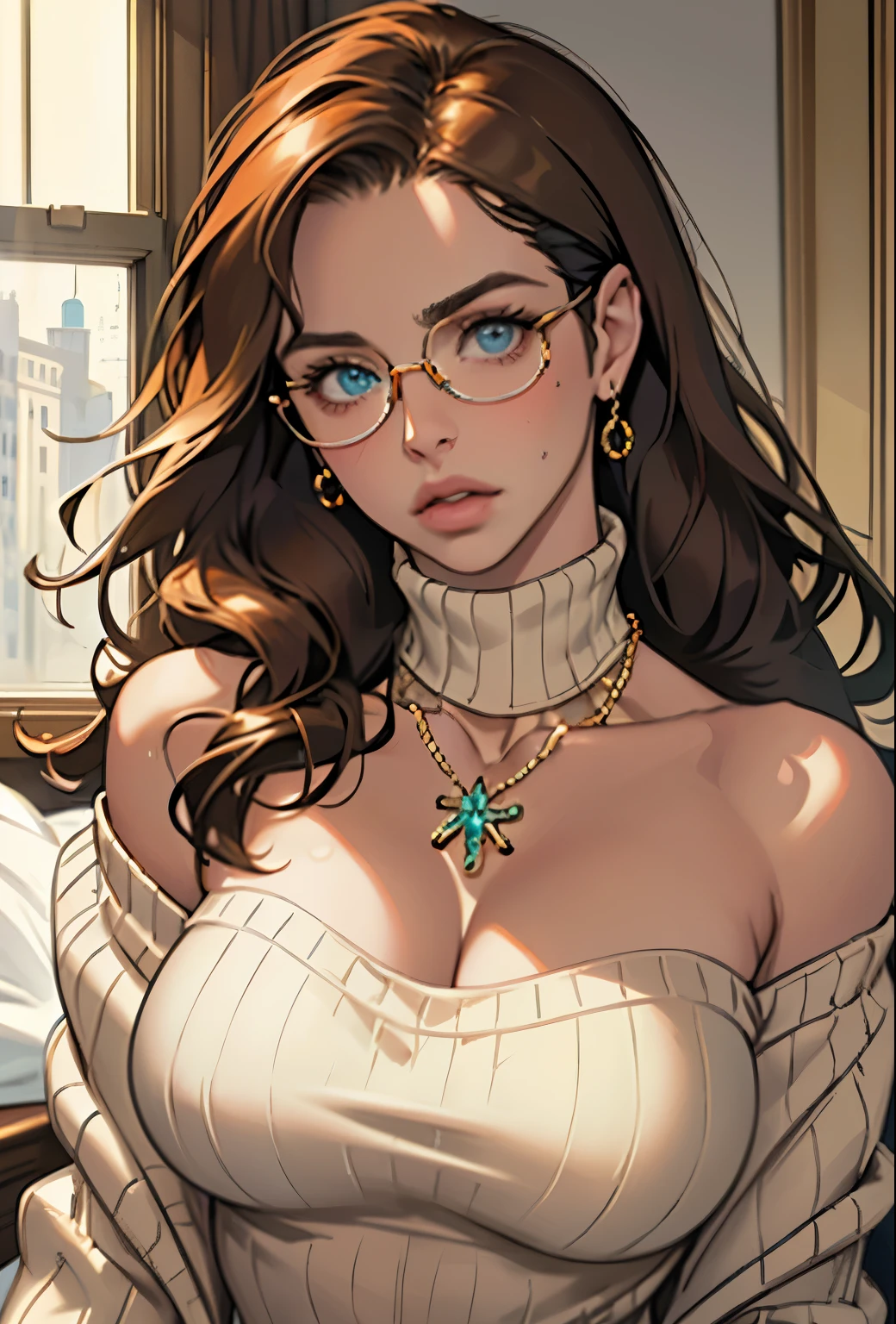 (masterpiece, Highest quality) One girl, Ashley Graham RE, alone, chest, View your viewers, Long Hair, blue eyes, shirt, Bare shoulders, jewelry, medium chest, Green Eyes, Upper Body,Brown Hair, parted lips, No sleeve, necklace, sweater, lips, turtleneck, ribbed sweater, Realistic, nose, No sleeve turtleneck, orange shirt, orange sweater,Wear glasses,