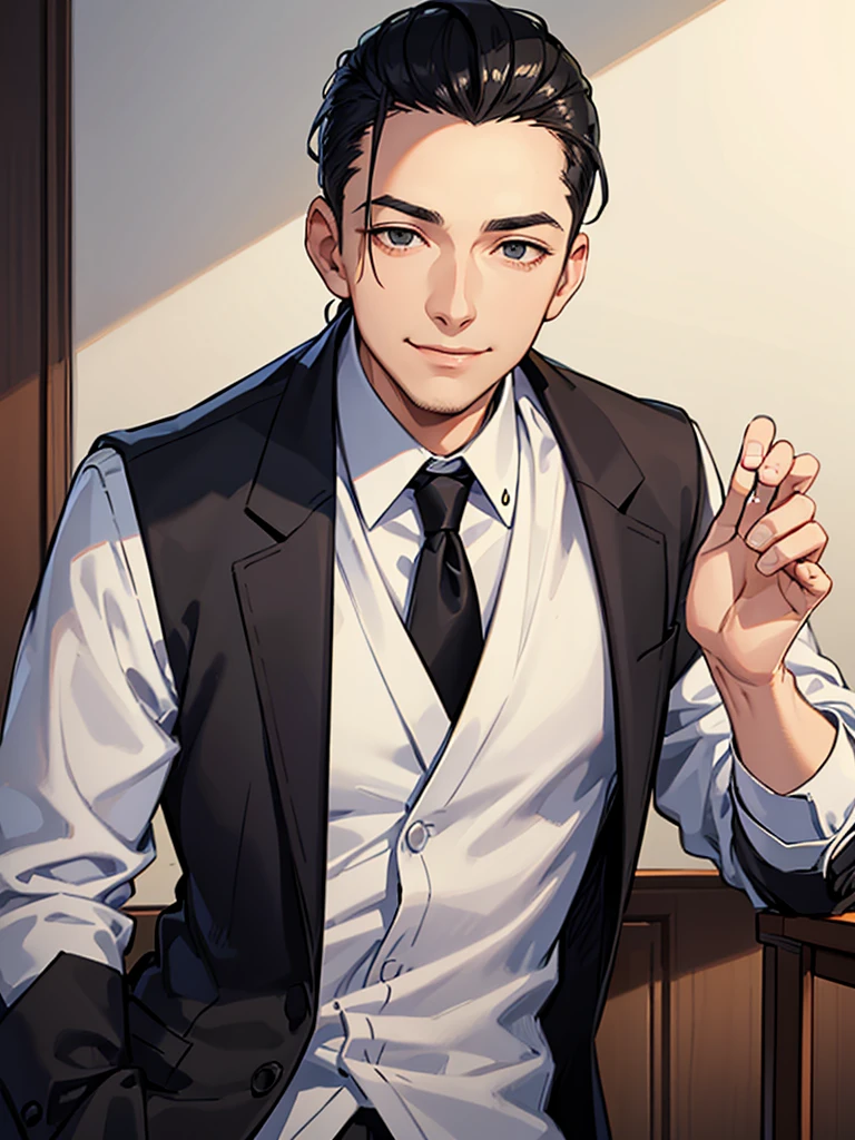 Forehead, Slicked back hairstyle, A kind smile, One Man, Portrait from chest up, Very short black hair, Old man in clothes, Please open your eyes a little, Male hand,Man&#39;s face,Male eyebrows, Male Eyes, Sharp Nose ,Long Nose, Slicked back hairstyle, Black butler uniform, Iris, walking , A kind smile, Reminiscent of a novel cover, Dramatic lighting, Emphasize the contrast between light and shadow, (Official Art, Highest quality、unity 8k wallpaper、32k、masterpiece、Very detailed, grab your hair with your hands, Cinema Lighting, Isekai Tensei, anime,Beautiful light shining through the window, sense of cleanliness,