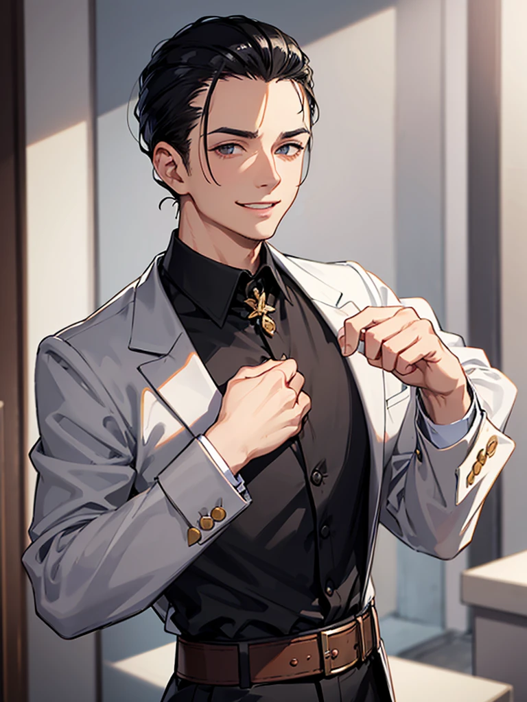 Forehead, Slicked back hairstyle, A kind smile, One Man, Portrait from chest up, Very short black hair, Old man in clothes, Please open your eyes a little, Male hand,Man&#39;s face,Male eyebrows, Male Eyes, Sharp Nose ,Long Nose, Slicked back hairstyle, Black butler uniform, Iris, walking , A kind smile, Reminiscent of a novel cover, Dramatic lighting, Emphasize the contrast between light and shadow, (Official Art, Highest quality、unity 8k wallpaper、32k、masterpiece、Very detailed, grab your hair with your hands, Cinema Lighting, Isekai Tensei, anime,Beautiful light shining through the window, sense of cleanliness,