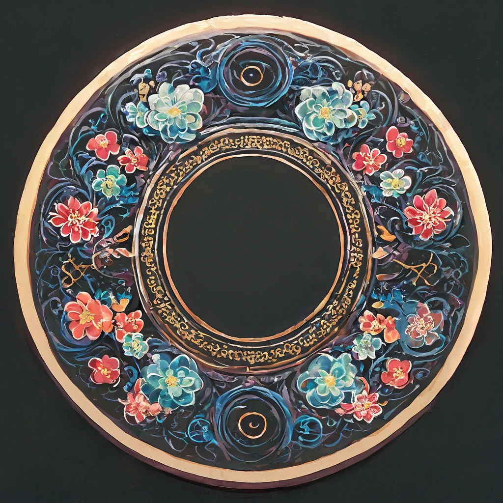 round frame, round circle, circular, create a Japanese circular seal kamon (very colorful with contrast) in the size of the picture on a white background, an indigo-gold art deco circle with a floral art deco pattern in the middle the picture of a stunning beautiful hanfu girl (long black hair)with a beautifully designed clothing with georgeous patterns and massive flower hanfu headpiece. she is posing in front of plain graphic japanese background inside the round frame. chrysantheme
