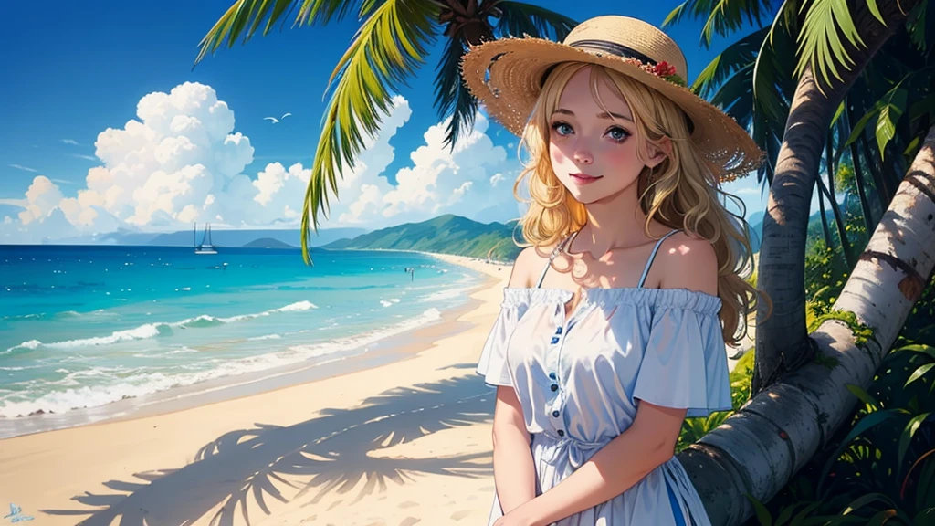 Soft lighting, (Elevation:1.25), (alone:1.4), (One girl), ((Blonde), Long Curly Hair), blue eyes, (smile), Beach straw hat, (Off-the-shoulder shirt), Hat Flower, (Look to the side:1.3), Wonderful colorful, Ocean, Coconut Tree, Blue sky with clouds, (Beach:1.3), (masterpiece:1.2), Super detailed, (Highest quality), figure, (Depth of written boundary)