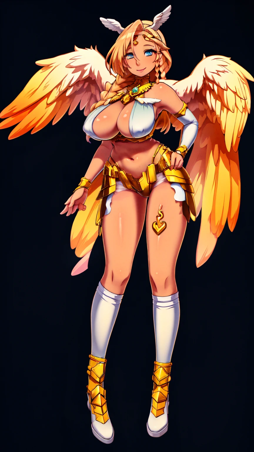 A tall goddess woman beautiful sexy sensual beautiful beautiful tenderness affectionate pretty smiles kindly long yellow hair wavy to the side one Mencho short yellow braid her light blue eye another orange eye she dresses bright gold metal brassiere shows navel and shorts gold armor shows leg socks black net and has angel wings on his back