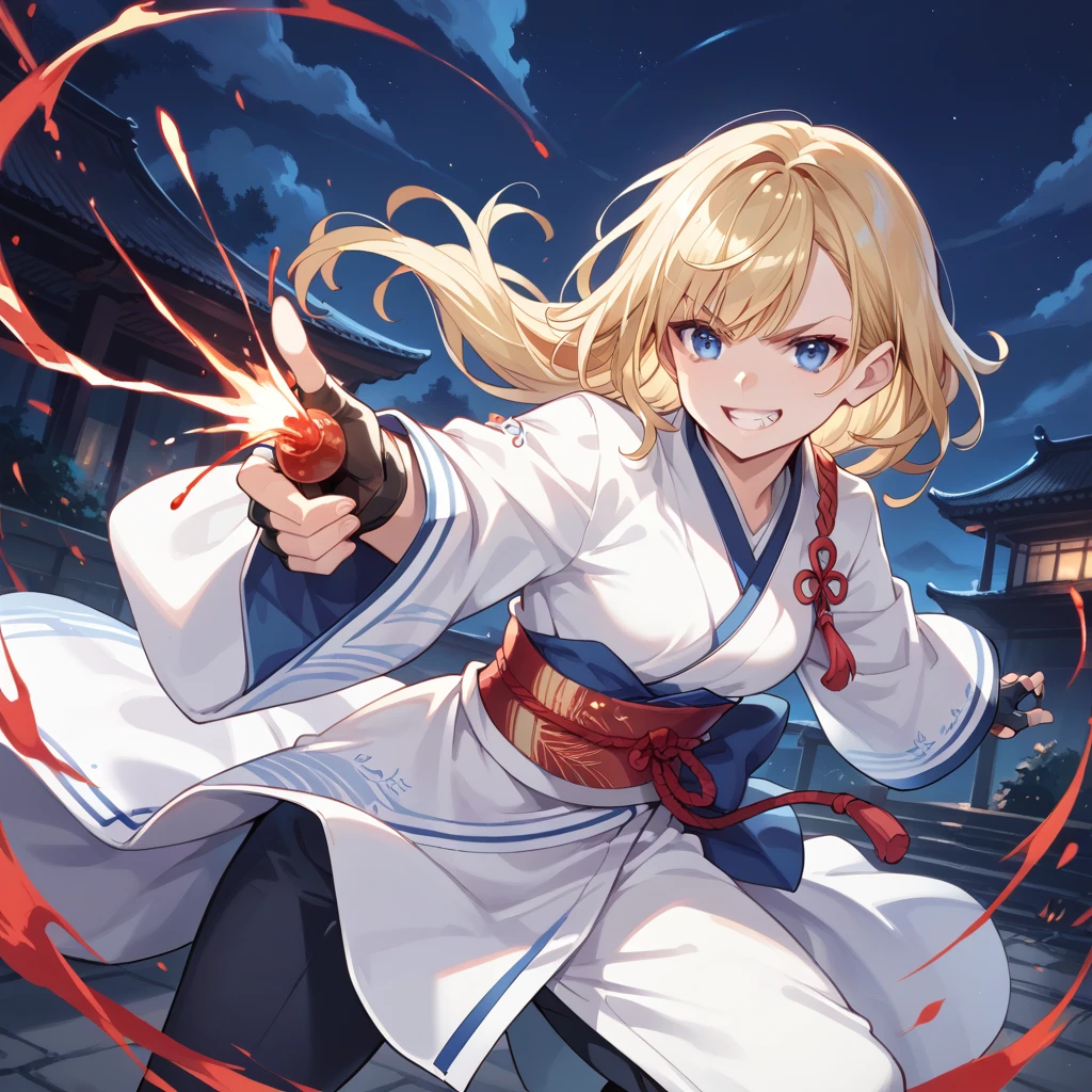 score_9, score_8_superior, score_7_superior, Highest quality, masterpiece, sauce_anime,  Blonde, blue eyes,Fingerless gloves, White kimono, Grin, 
Combat Stance,night,  