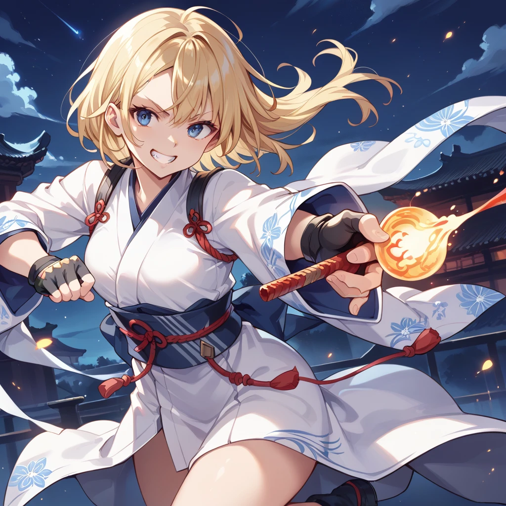 score_9, score_8_superior, score_7_superior, Highest quality, masterpiece, sauce_anime,  Blonde, blue eyes,Fingerless gloves, White kimono, Grin, 
Combat Stance,night,  