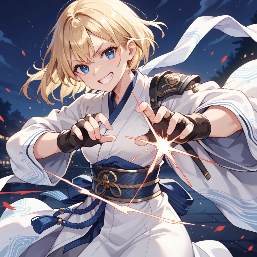 score_9, score_8_superior, score_7_superior, Highest quality, masterpiece, sauce_anime,  Blonde, blue eyes,Fingerless gloves, White kimono, Grin, 
Combat Stance,night,  