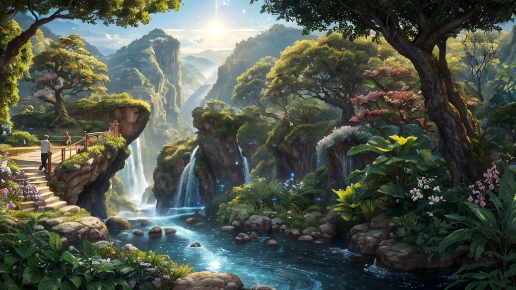 "A panoramic scene of the Garden of Eden, where the newly animated man stands amidst the beauty of creation. The man, now a living soul, is depicted with an aura of divine light surrounding him. The lush greenery, flowing rivers, and abundant life in the garden highlight the harmony and interconnectedness of creation. In the background, God is seen observing with a look of satisfaction and love. This visual underscores the unity of body and soul, animated by the divine 'breath of life,' and the integral role of the soul in human existence."