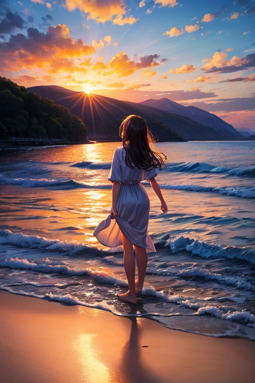 Highest quality、Landscape painting、Seaside、Sunset、orange、Back view