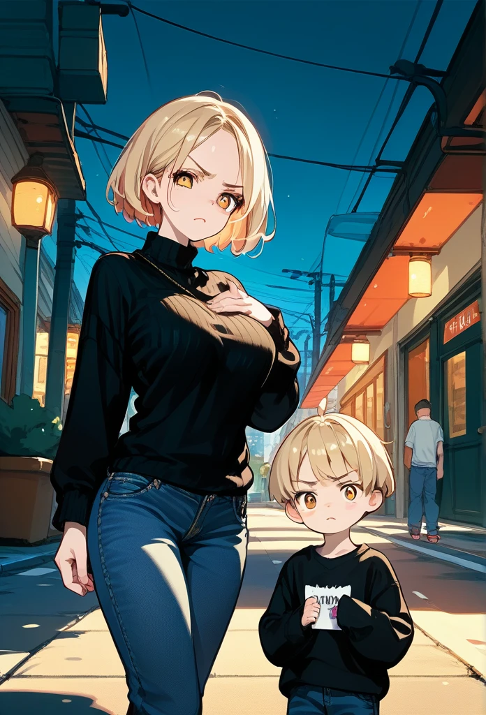 young girl, young face, hot face, golden eyes, short hair, blonde hair, annoyed expression, irritated face, mature body, curvy body, big breasts, black sweater, jeans, sidewalk, (night), puffing up chest