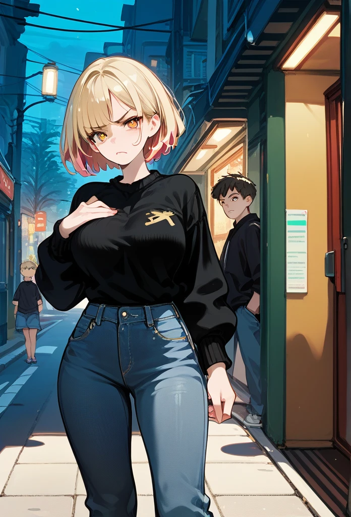 young girl, young face, hot face, golden eyes, short hair, blonde hair, annoyed expression, irritated face, mature body, curvy body, big breasts, black sweater, jeans, sidewalk, (night), puffing up chest