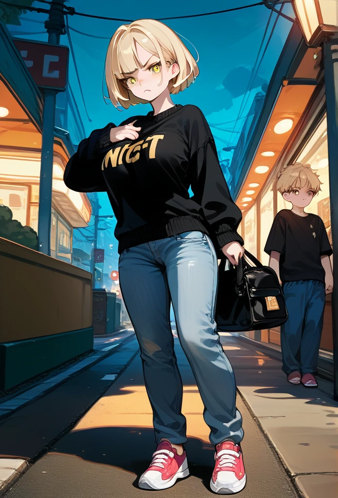young girl, young face, hot face, golden eyes, short hair, blonde hair, annoyed expression, irritated face, mature body, curvy body, big breasts, black sweater, jeans, sidewalk, (night), puffing up chest