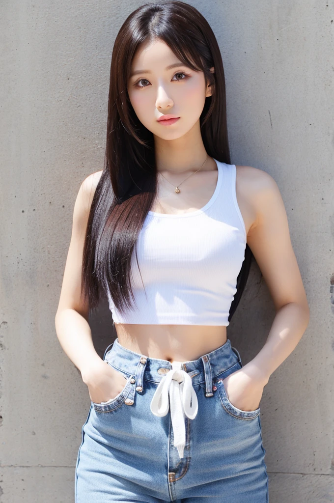 Aono Mizuki, 22 years old, Blood type O, Height: 165cm, Bust 92CM, Waist 59cm, Hip 89cm, White sleeveless, Washed Jeans