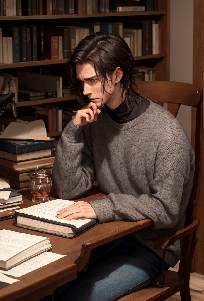 Description:
The professional horror story writer sits at his desk, engrossed in writing, with manuscripts and reference books piled up on the desk.

Background:
In the professional horror story writer's room, the desk is cluttered with manuscripts and reference books, with several horror-themed illustrations hanging on the walls. The desk lamp emits a faint glow, illuminating the writer's focused face. The room is simple but tidy, indicating his high standards for his creative environment.

Character:
The professional horror story writer is tall and slender, with a pale complexion and a slightly weary appearance, with somewhat disheveled hair. He is wearing a loose grey sweater and jeans, with deep-set eyes and a furrowed brow, indicating intense focus. His expression is focused and serious, showing his dedication to his craft and his search for inspiration. He sits at his desk, fully immersed in writing, with a look of weariness but determination in his eyes.






