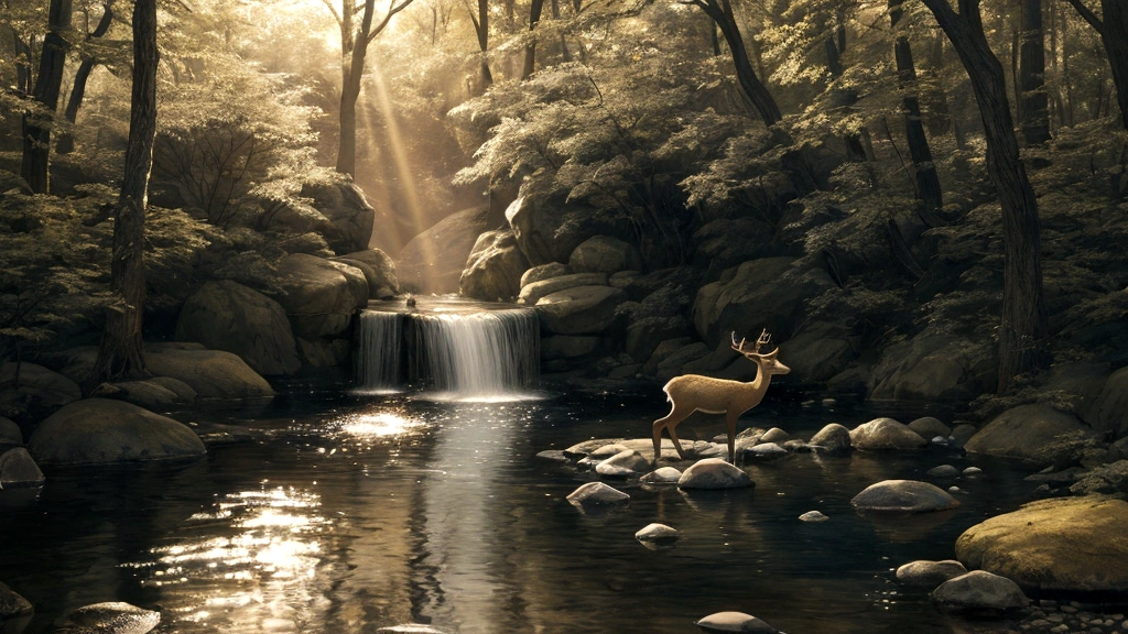 "A serene forest scene with a clear, flowing stream. A deer, graceful and gentle, stands by the water, bending down to drink, symbolizing the soul's deep thirst for God. In the background, soft rays of sunlight filter through the trees, creating a peaceful and contemplative atmosphere. Above the deer, a faint, translucent figure of a person with an aura of light represents the soul, looking upward with a sense of longing and devotion. This visual captures the intense yearning and spiritual thirst for God as described by the Psalmist."