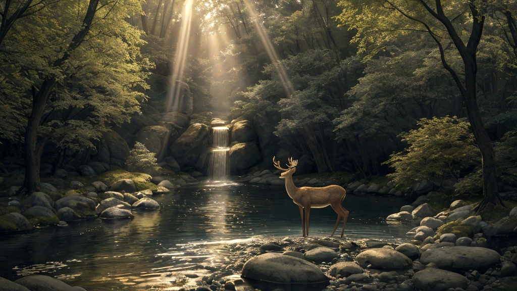 "A serene forest scene with a clear, flowing stream. A deer, graceful and gentle, stands by the water, bending down to drink, symbolizing the soul's deep thirst for God. In the background, soft rays of sunlight filter through the trees, creating a peaceful and contemplative atmosphere. Above the deer, a faint, translucent figure of a person with an aura of light represents the soul, looking upward with a sense of longing and devotion. This visual captures the intense yearning and spiritual thirst for God as described by the Psalmist."
