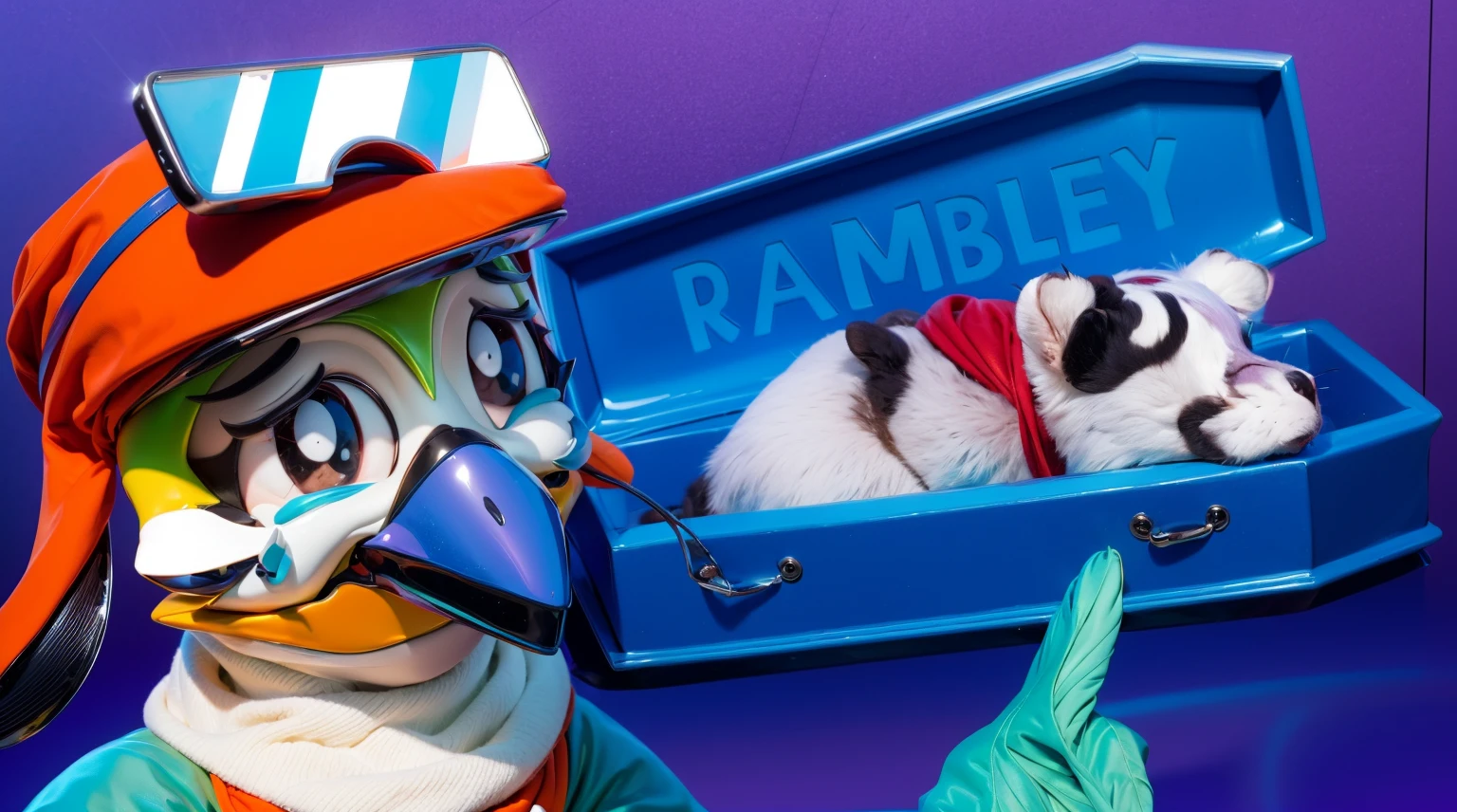 This image features a muscular, dark-skinned young man of African descent dressed in a vibrant raccoon costume. He is lying down with his eyes closed, showcasing his beautiful dark skin. His costume includes a glossy, latex-like purple outfit that appears wet and shimmers with iridescent colors, adding a striking, polished look to his appearance. He also wears a red scarf, a purple beanie hat with gray ears, and black face paint around his eyes and nose to mimic a raccoon mask. Black fingerless gloves complete his costume.Additionally, there is a pair of legs wearing bright yellow high-heeled shoes with white ankle socks. The glossy, latex-like finish of the shoes matches the wet and shimmering quality of the young man's outfit, creating a cohesive and visually appealing contrast. The yellow shoes stand on his back, further highlighting the shiny, iridescent textures and vibrant colors in the image.