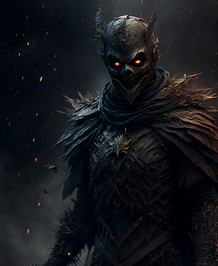 A scarecrow from DC Comics, goth style, emerging from wet black mud, extremely detailed, volumetric light, smoke, sparks, metal shavings, flying debris, dark moody atmosphere, dramatic lighting, cinematic, chiaroscuro, dramatic shadows, dystopian, horror, macabre, unsettling, best quality, 8k, photorealistic, masterpiece