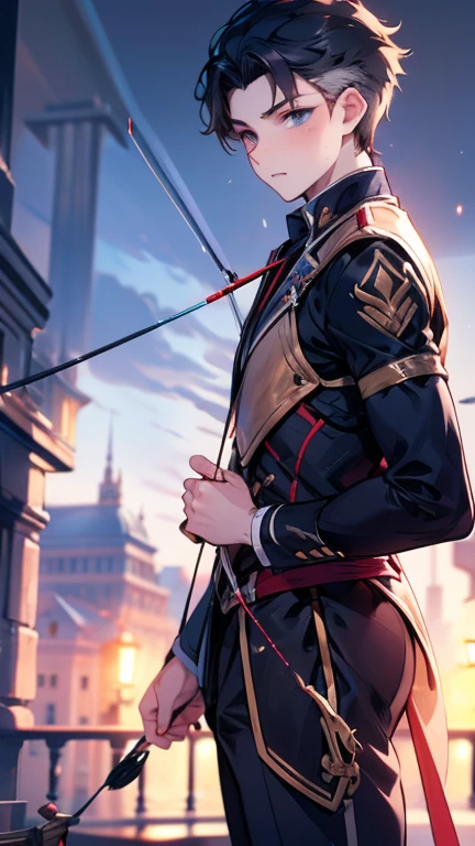 Young beautiful boy , (archer;1.3), (archery:1.4), training, super power, high quality, black hair, tall, mussels , middle Europe