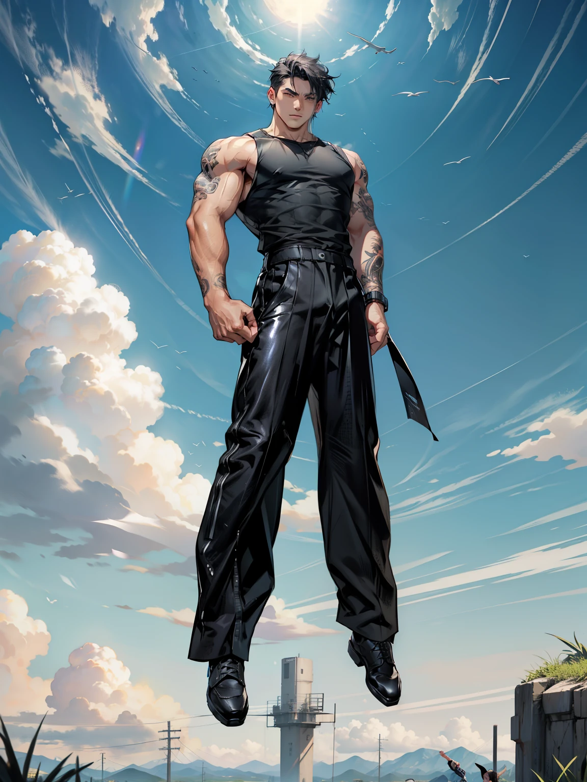 boys 26 Years old, Serious face, wearing black sleeveless shirt, black pants, black hair, levitate on sky, blue sky, cloud