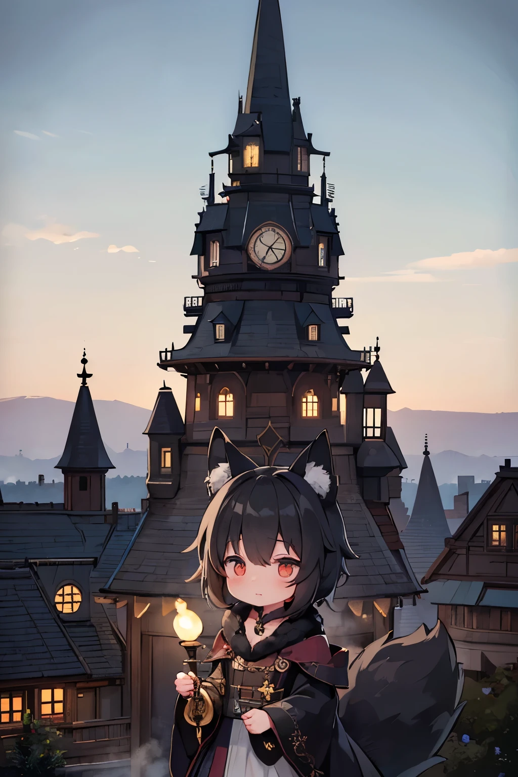 (Highest quality:1.2)。steampunkai。                    1wolf。 Full of soot。                                                                 One Girl。little cute witch。魔法に失敗してFull of sootになる。A stunned look。The background is the front yard of the tower where the witch lives.。