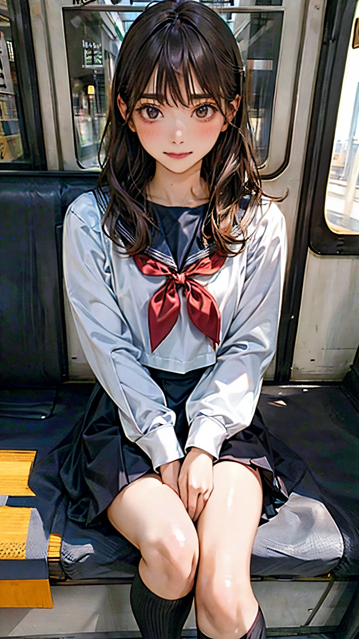 POV,Shiny, sweaty thighs,open legs,Japanese , sitting on a train seat, reading a book, wearing a sailor uniform, white shirt, red ribbon, brown leather shoes, black skirt,black knee-high socks, peaceful expression, holding a book, train interior, morning light, calm atmosphere, urban setting, high quality, highly detailed, realistic photo, intricate details