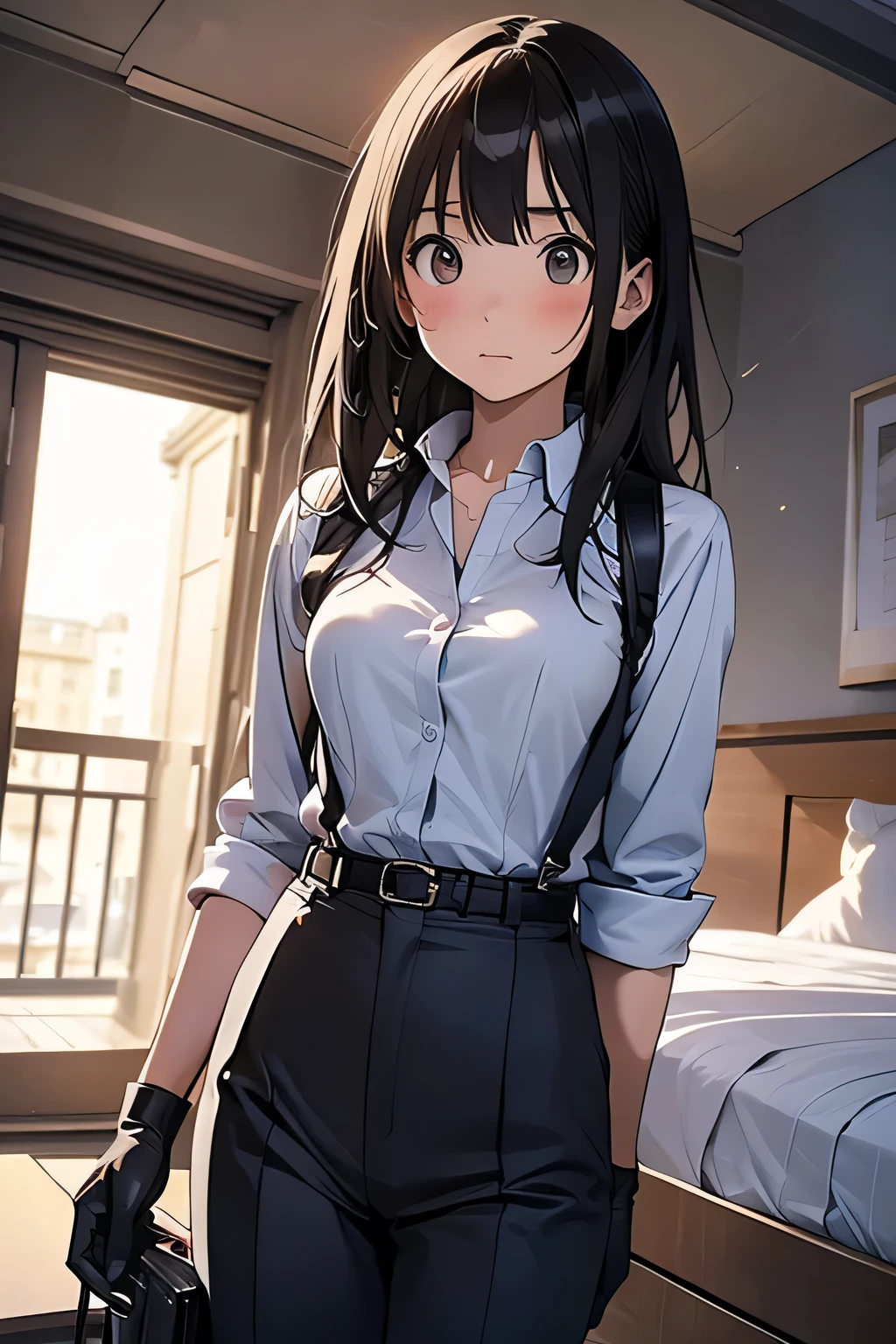 1 female, , high quality, masterpiece, Ultra-high resolution, , Cinema Lighting, , , And the suspenders with the cranes flying Moderate breasts Small face holster Lying in bed Looking up Sweat belt summer 脇Sweat Black Hole Gloves suit shirt Black jacket Black trousers Leg Links ズボンにbelt holster Hands behind your back Anxious expression Looking up Anxious face