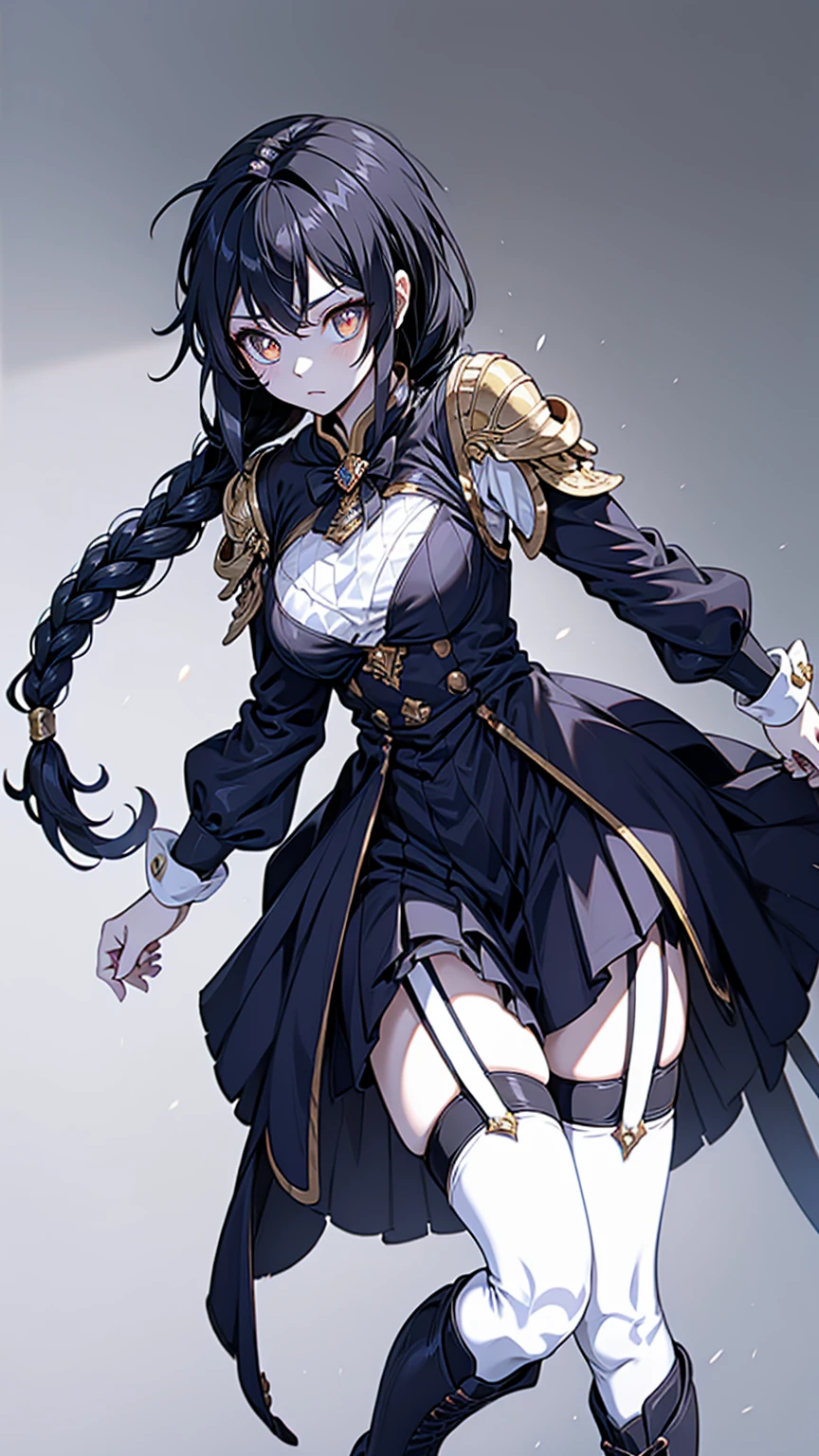 Correct body proportions,Golden ratio,braid,braid,braid,braid,Braid,单侧braid,单条braid,Dress,蓝色Dress,Blue skirt,Off-shoulder装,Off-shoulder,Black Hair,Black Hair,Golden Eyes,Golden pupils,Golden pupils,Golden pupils,Golden Eyes,Golden pupils,Golden pupils,Golden Eyes,Golden Eyes,Golden pupils,White lace trim,White knee socks,White garter stockings,White knee socks,White socks,White tights,White Silk,Waist,Waist,Waist,Black boots,Black boots,Sassy,Handsome,murderous,murderous,Vicious,cool girl,Mature girl,Busty girl,Fantasy style,Fantasy style,Close-up above the waist,Big breasts,Big breasts,Fantasy style,Dark Style,Gothic style