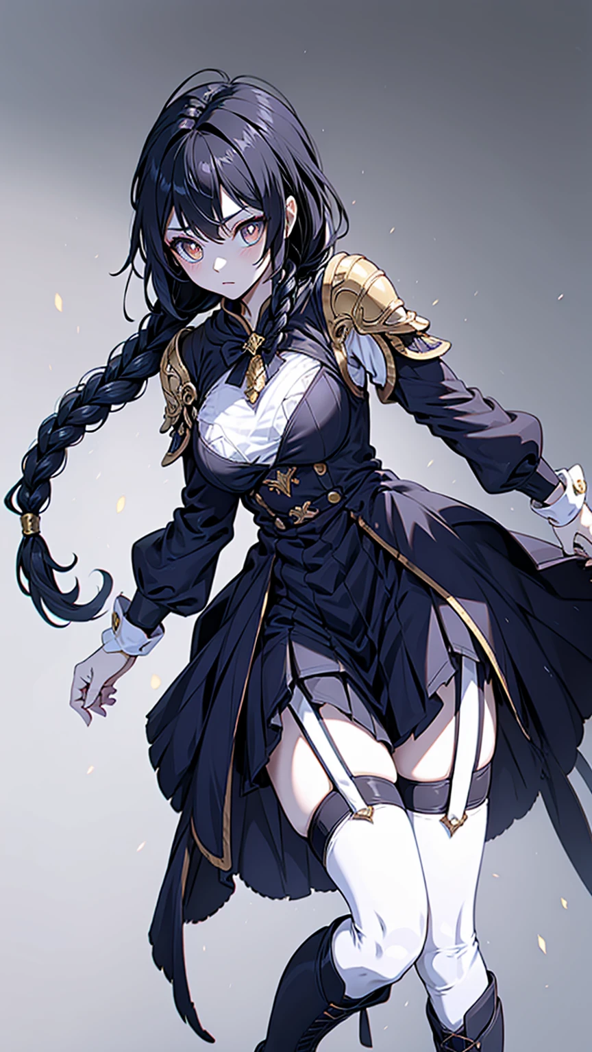 Correct body proportions,Golden ratio,braid,braid,braid,braid,Braid,单侧braid,单条braid,Dress,蓝色Dress,Blue skirt,Off-shoulder装,Off-shoulder,Black Hair,Black Hair,Golden Eyes,Golden pupils,Golden pupils,Golden pupils,Golden Eyes,Golden pupils,Golden pupils,Golden Eyes,Golden Eyes,Golden pupils,White lace trim,White knee socks,White garter stockings,White knee socks,White socks,White tights,White Silk,Waist,Waist,Waist,Black boots,Black boots,Sassy,Handsome,murderous,murderous,Vicious,cool girl,Mature girl,Busty girl,Fantasy style,Fantasy style,Close-up above the waist,Big breasts,Big breasts,Fantasy style,Dark Style,Gothic style