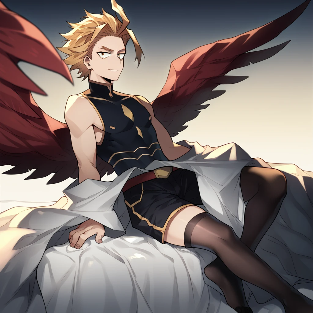 only, blonde boy, slicked back hair, some strands protrude from the front, gold eyes, small black lines under your tear ducts, red wings on the back, delicate ranges, With curves, Clothes, black sleeveless long collar shirt, dark shorts, long dark thigh high stockings, smiling lasciviously, sitting on a white blanket, Boku no hero academia, Hawks