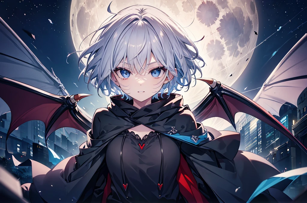((((vampire　Inflammation))))　(((Gray Hair　short hair　blue eyes　woman　Center close-up)))，((night　full moon　My own big wings))，(Wearing a hood　Black camisole　Purple light　Wearing a cape)，　Creepy Smile　Showing teeth　Shining Background　Shining Edges
