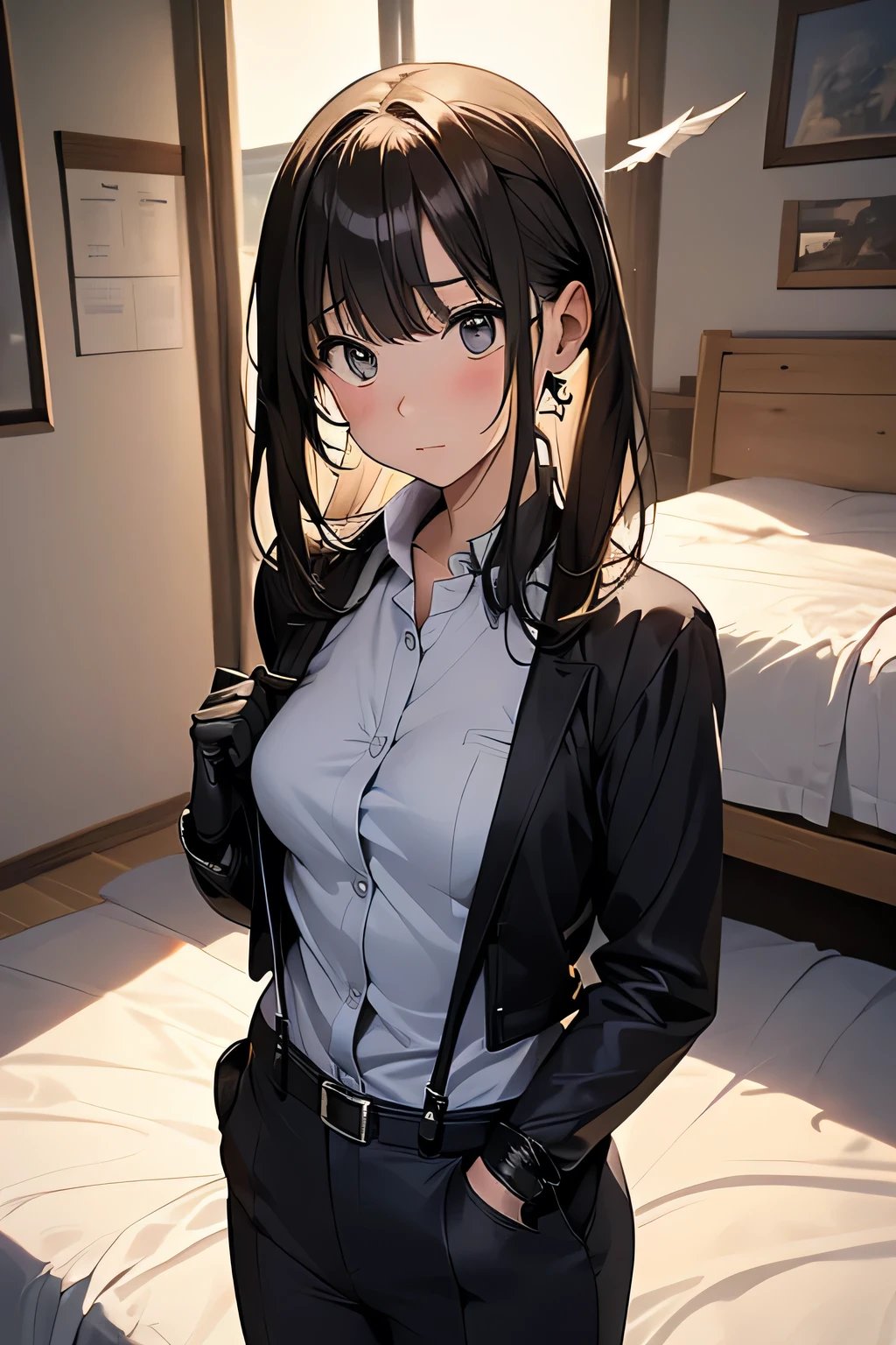 1 female, , high quality, masterpiece, Ultra-high resolution, , Cinema Lighting, , , And the suspenders with the cranes flying Moderate breasts Small face holster Lying in bed Looking up Sweat belt summer 脇Sweat Black Hole Gloves suit shirt Black jacket Black trousers Leg Links ズボンにbelt holster Hands behind your back Anxious expression Looking up Anxious face