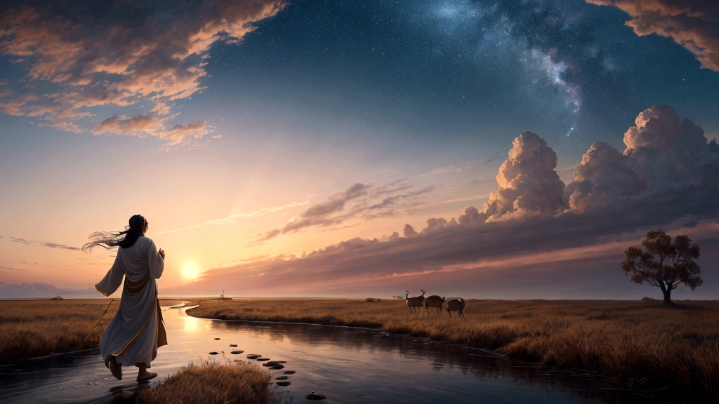 "A vast, open field with a winding path leading towards a distant, radiant light on the horizon. A person walks along the path, their figure glowing faintly, symbolizing the soul's journey towards meeting God. Alongside the path, the imagery of a deer walking parallel to the person, drinking from streams of water that flow beside the path, symbolizes the soul's thirst and search for the divine. The sky is painted with hues of dawn, symbolizing hope and spiritual awakening. This visual captures the essence of the soul's pursuit of God and the inner journey of faith and devotion."