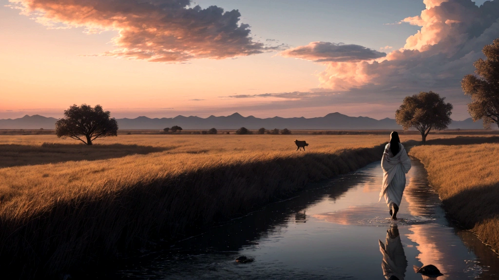 "A vast, open field with a winding path leading towards a distant, radiant light on the horizon. A person walks along the path, their figure glowing faintly, symbolizing the soul's journey towards meeting God. Alongside the path, the imagery of a deer walking parallel to the person, drinking from streams of water that flow beside the path, symbolizes the soul's thirst and search for the divine. The sky is painted with hues of dawn, symbolizing hope and spiritual awakening. This visual captures the essence of the soul's pursuit of God and the inner journey of faith and devotion."