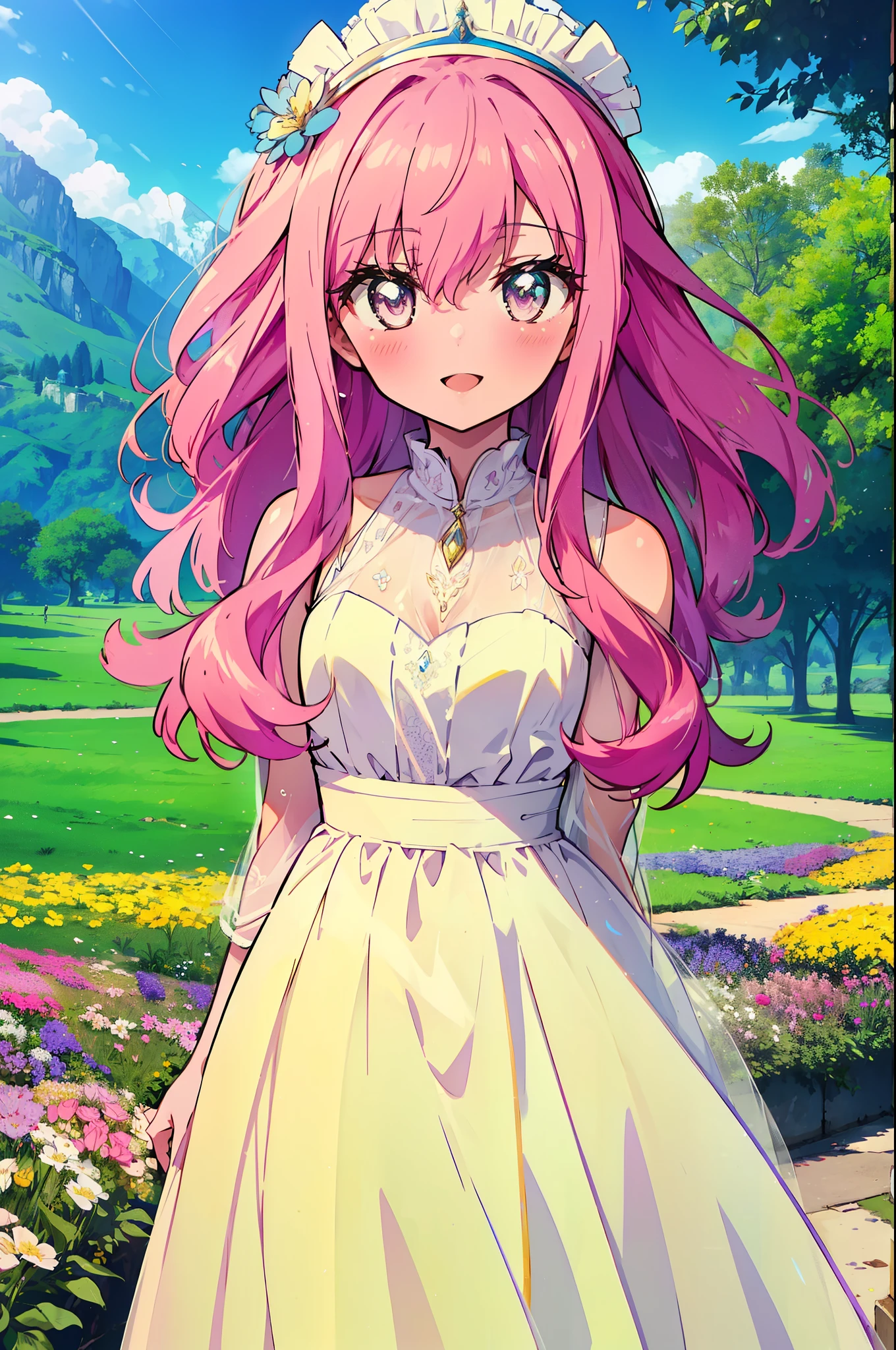 Louise Françoise Le Brun de La Valliere,Pink Hair,Pink Eyes,blush,smile,Open your mouth, White sleeveless dress,Long skirt,Cute Sandals,Standing with arms behind back,So that the whole body goes into the illustration,Daytime,Clear skies、
break looking at viewer,all,
break outdoors, Flower Field,lake,
break (masterpiece:1.2), Highest quality, High resolution, unity 8k wallpaper, (figure:0.8), (Detailed and beautiful eyes:1.6), Highly detailed face, Perfect lighting, Extremely detailed CG, (Perfect hands, Perfect Anatomy),