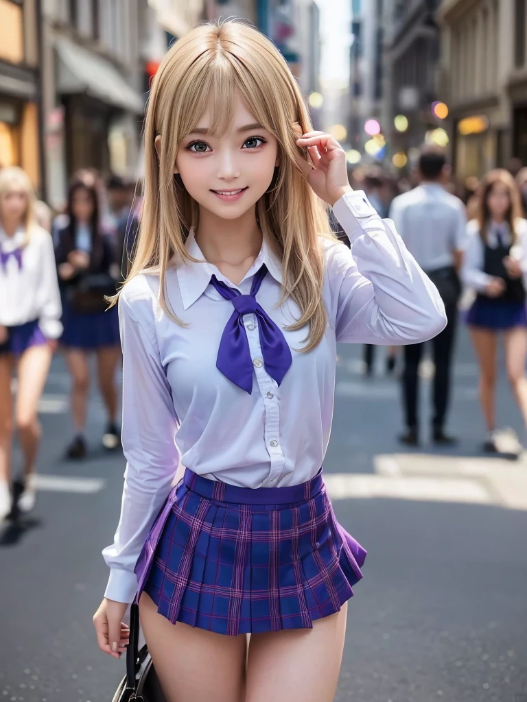 (8K, RAW Photos, Highest quality, masterpiece:1.2), (Realistic, photo-Realistic:1.4), (extremely detailed 8K wallpaper), ((Full Body Shot)), (((1 girl))), Sharp focus, Depth of written boundary, Cinematic lighting, Soft Light, (緻密な美しさのeye, eye_Chan, Very beautiful 17 year old girl, innocent big eyes, Realistic, photo Realistic, Highly detailed cute girl, (Thin thighs), (Model Body Type), (Blonde), (Long Bob Hair), (Asymmetrical bangs), ((A happy smile)), Glowing Skin, Ultra-dense skin ,High resolution, High Detail, Detailed hairstyle, Detailed facial beauty, hyper Realistic, Perfect limbs, Perfect Anatomy, Perfect female body, (school uniform:1.3),(Miniskirt Purple and blue checked micro mini skirt), Watching the audience, (Crowded city street:1.3)