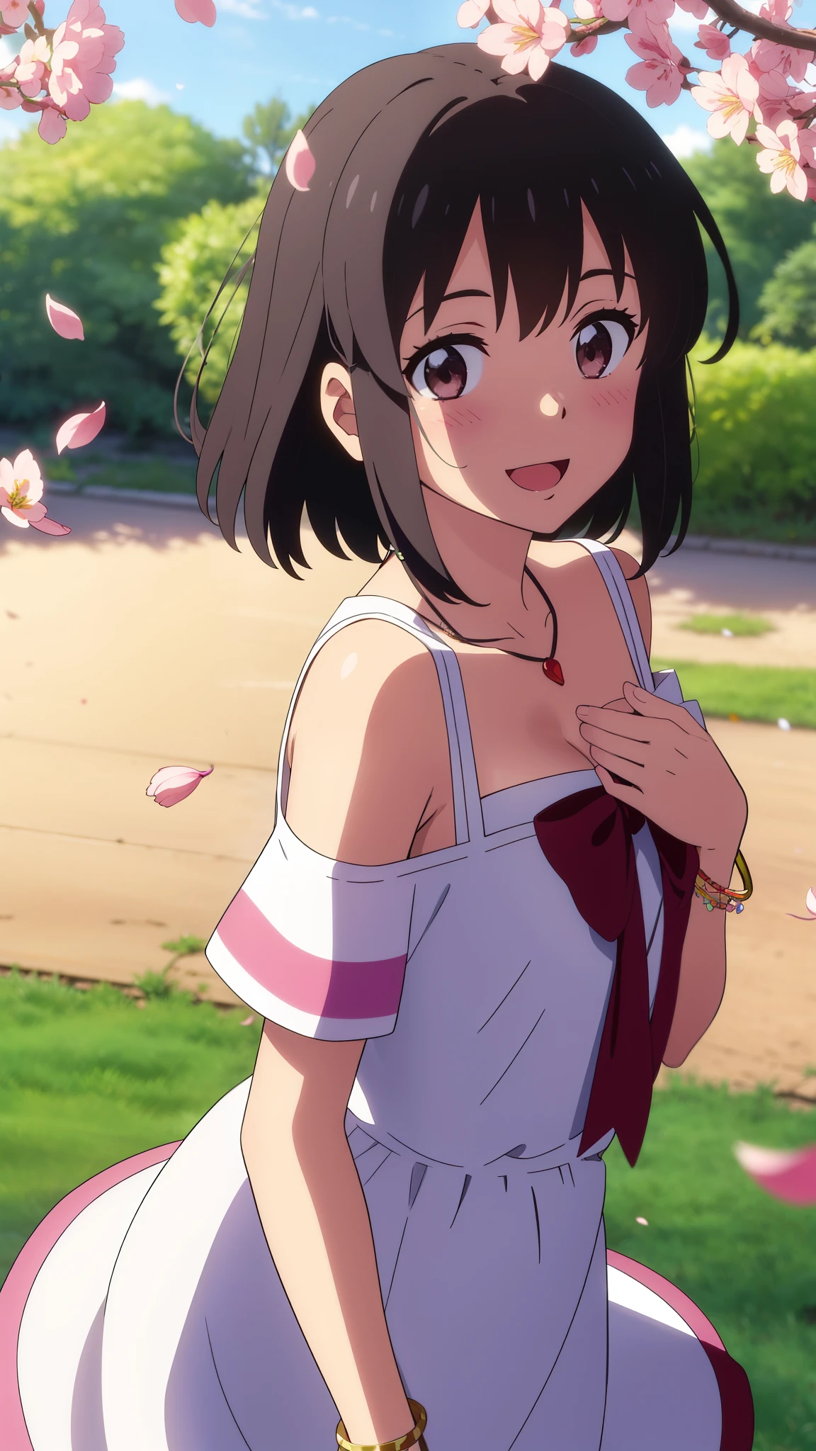 shinkai makoto, kimi no na wa., 1girl, bangs, black hair, blush, brown eyes, looking at the viewer, red bow, red headband, red ribbon, white dress, short hair, medium breasts, solo, day, Outdoors, shinny skin, smile, happy, :D, bracelet, necklace, cherry_blossoms, falling_petals, petals, branch, pink_flower, blue_sky, sunlight, spring_season, wind, tree