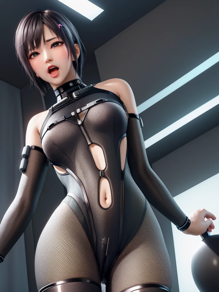 masterpiece, best quality, high quality, perfect anatomy, ultra detailed, perfect design,
BREAK,
girl, beautiful detailed face, realistic skin, shiny glossy skin,
BREAK,
brown eyes, realistic eyes, ultra detailed eyes, beautiful high light eyes, droopy eyes, eyelash, double eyelids,
BREAK,
brown hair, bob cut, short side hair, thin hair, swept bangs, shiny glossy hair,
BREAK,
painful expression, open mouth, tongue out, feeling weak, embarrassed, nose blush,
BREAK,
fishnet body tights, (((cyberpunk body suit))), ((shoulders cutout)), elaborate detailed clothes, small breasts, big areola, erection of nip-ple, wedgie, cameltoe,
BREAK,
(all fours on the bed), leaning, spread legs, (from below), looking down, (focus face),
BREAK,
luxury hotel room, pink bed, top light, warm light