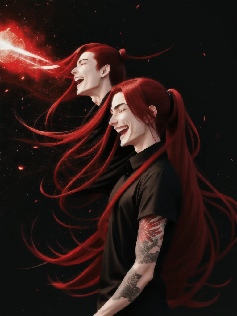 Anime androgynous person, adult, red long hair, in ponytail, laughing menacingly, meteor falling, wearing black shirt with red outer, one person, tattoos 