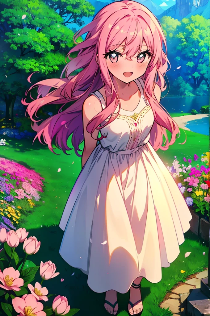 Louise Françoise Le Brun de La Valliere,Pink Hair,Pink Eyes,blush,smile,Open your mouth, 　　　　　　　　　　　　　　　White sleeveless dress,Long skirt,Cute Sandals,Standing with arms behind back,So that the whole body goes into the illustration,Daytime,Clear skies、
break looking at viewer,all,
break outdoors, Flower Field,lake,
break (masterpiece:1.2), Highest quality, High resolution, unity 8k wallpaper, (figure:0.8), (Detailed and beautiful eyes:1.6), Highly detailed face, Perfect lighting, Extremely detailed CG, (Perfect hands, Perfect Anatomy),