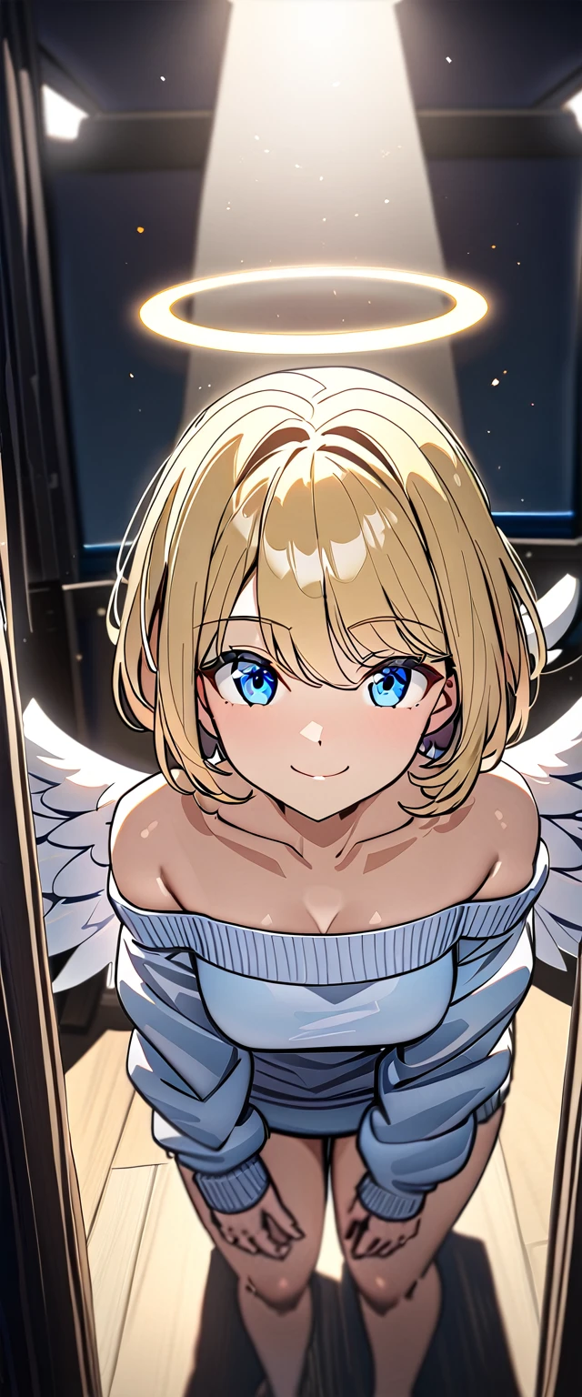 ((angel, big big white wings:1.3, halo:1.3)), ((from above)), (((sunglasses, hand to sunglasses))), (((cowboy shot))), archangel Uriel, ((wavy hair, inward curled hair)), evening, Sunset, ((blond hair, bob cut:1.3)), breasts, ager, (looking at viewer), oversized clothes, puffy long sleeves, ((off-shoulder sweater:1.3, Quite thick shoulder straps)), ((white sweater)), collarbone, head tilt:1.3, (((blue eyes))), ((happy smile)), (((anime style))), (best quality, 4K, 8K, highres, masterpiece:1.2, ultra-detailed, ultra-detailed eyes, HDR, uhd, studio lighting, ultra-fine painting, sharp focus, physically-based rendering, extreme detail description, professional, vivid colors, bokeh)