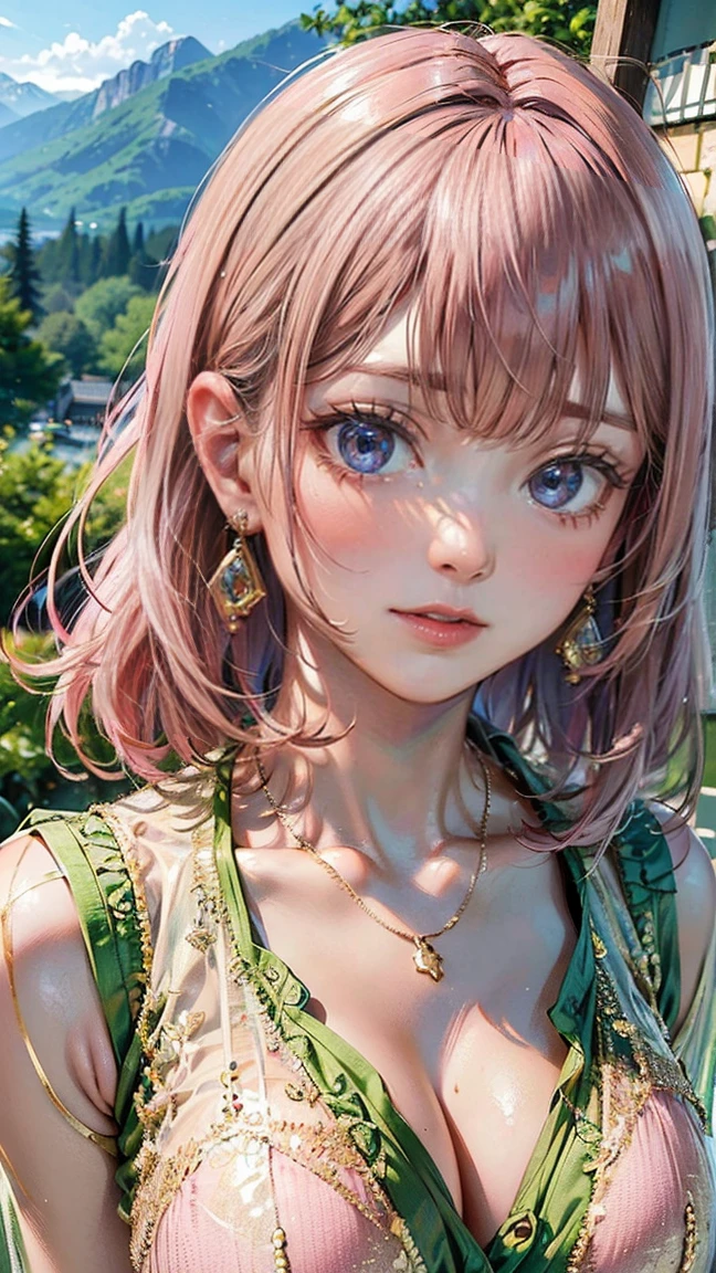 (Masterpiece, BestQuality:1.3), (ultra detailed:1.2), (hyperrealistic:1.3), (RAW photo:1.2), High detail RAW color photo, professional photograph, (Photorealistic:1.4), (realistic:1.4), professional lighting, perfect anatomy, (Big Breasts:1.2), (blush, detailed face), (cheerful Smile:1.5), (Pink Hair:1.5), Trending Hair&Trending Hairカラーをランダムに, earrings, necklace, bracelet, sexly, erotic sexly, Random sexy gravure poses, (A beautiful woman wearing a green see-through dress、Gold Earrings、The background is mountain scenery、Adventurous and sexy look。: 1.3)