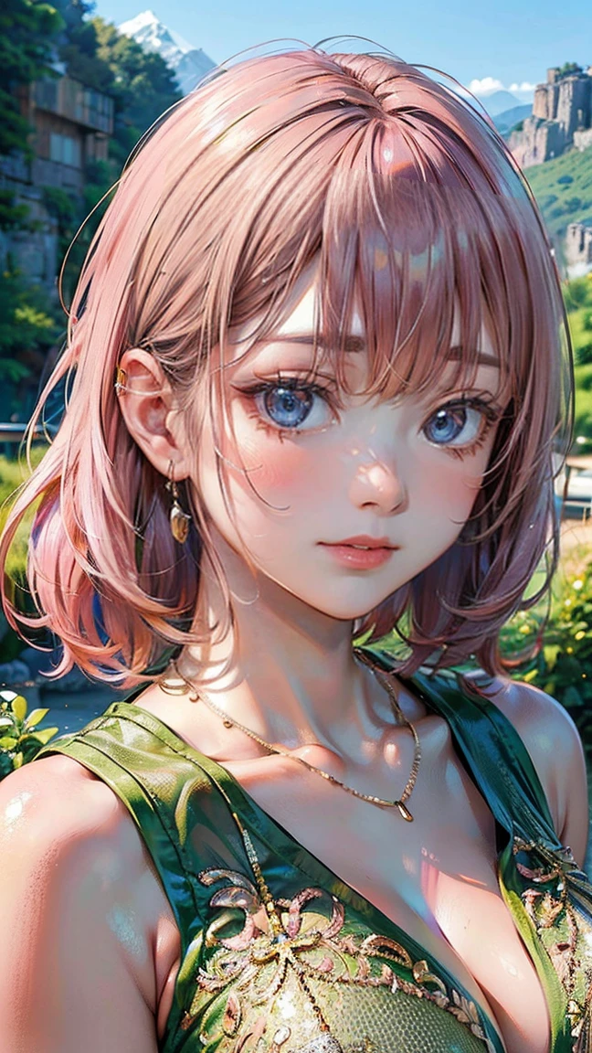 (Masterpiece, BestQuality:1.3), (ultra detailed:1.2), (hyperrealistic:1.3), (RAW photo:1.2), High detail RAW color photo, professional photograph, (Photorealistic:1.4), (realistic:1.4), professional lighting, perfect anatomy, (Big Breasts:1.2), (blush, detailed face), (cheerful Smile:1.5), (Pink Hair:1.5), Trending Hair&Trending Hairカラーをランダムに, earrings, necklace, bracelet, sexly, erotic sexly, Random sexy gravure poses, (A beautiful woman wearing a green see-through dress、Gold Earrings、The background is mountain scenery、Adventurous and sexy look。: 1.3)