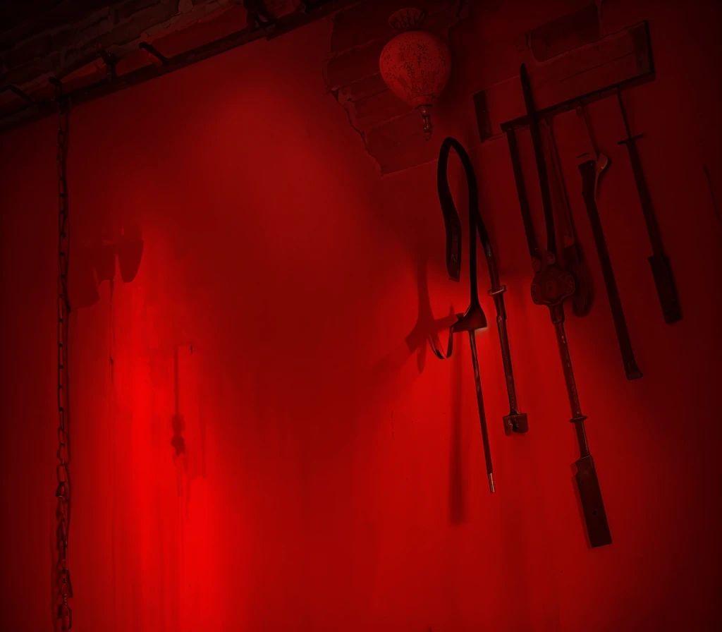 indoors,Old walls,{{red theme}},{dim},dungeon,SM tools hanging on the wall