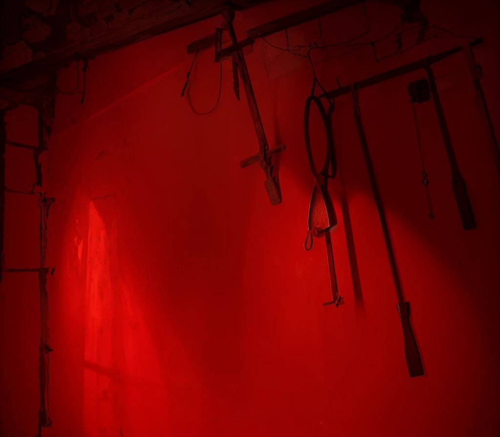 indoors,Old walls,{{red theme}},{dim},dungeon,SM tools hanging on the wall