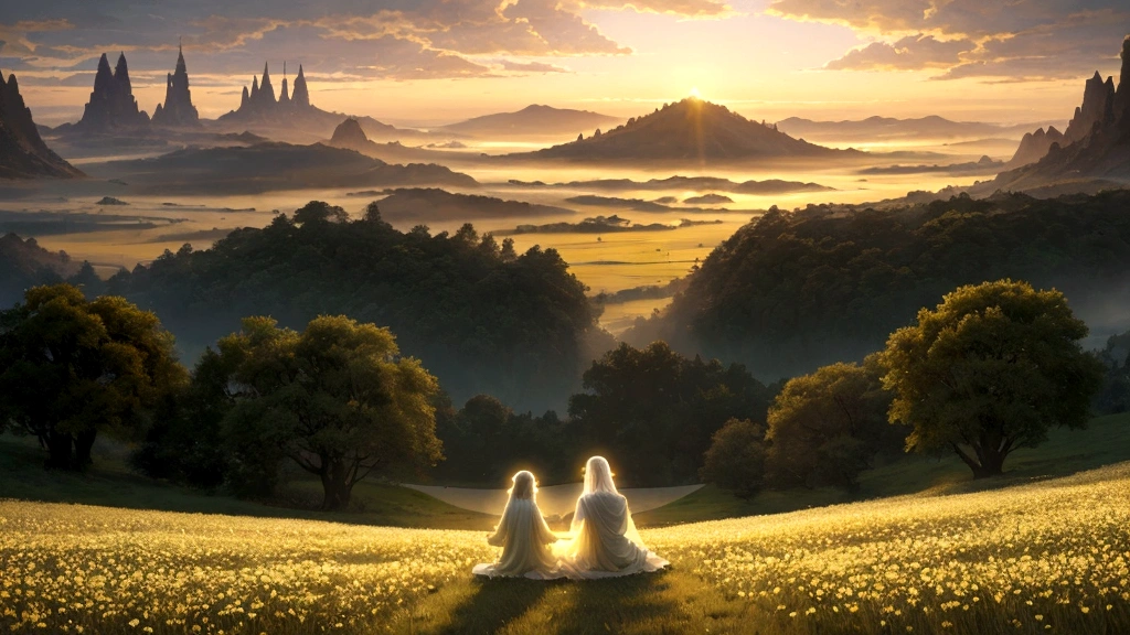 A serene, otherworldly landscape bathed in soft, golden light. On one side, a group of souls, depicted as luminous figures with peaceful expressions, rest in a tranquil meadow filled with blooming flowers and gently flowing streams. These souls exude a sense of calm and anticipation, with some looking towards a distant, radiant city on the horizon, symbolizing Heaven. The overall atmosphere is one of serenity and hope, emphasizing the restful and anticipatory state of the righteous."