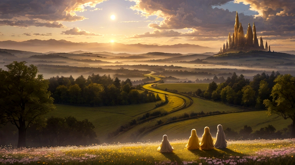A serene, otherworldly landscape bathed in soft, golden light. On one side, a group of souls, depicted as luminous figures with peaceful expressions, rest in a tranquil meadow filled with blooming flowers and gently flowing streams. These souls exude a sense of calm and anticipation, with some looking towards a distant, radiant city on the horizon, symbolizing Heaven. The overall atmosphere is one of serenity and hope, emphasizing the restful and anticipatory state of the righteous."