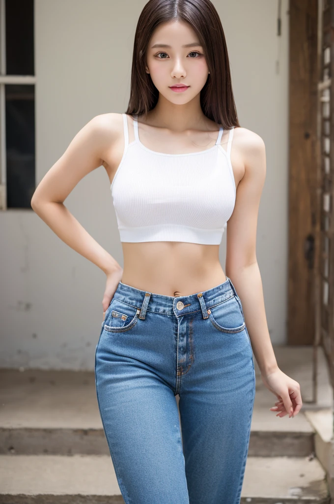 Aono Mizuki, 22 years old, Blood type O, Height: 165cm, Bust 92CM, Waist 59cm, Hip 89cm, White sleeveless, Nipples faintly, Washed Jeans
