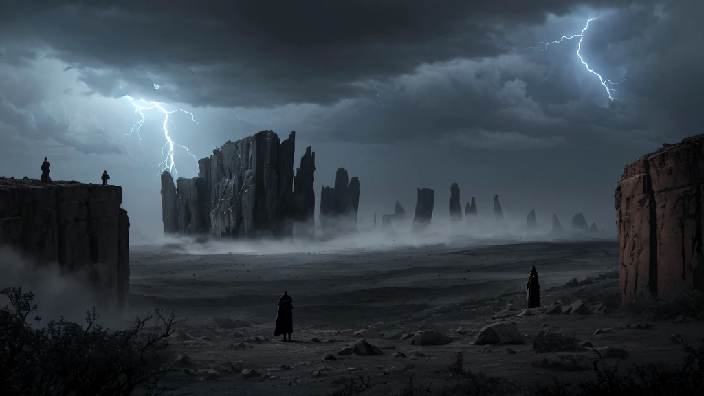 "A contrasting, shadowy realm separated by a boundary of dark mist. In this realm, souls are depicted as dim, restless figures wandering aimlessly amidst barren, rocky terrain. The sky is overcast, with looming clouds and occasional flashes of lightning, emphasizing a sense of turmoil and unrest. These souls appear to be in a state of anxiety and separation, contrasting sharply with the peaceful meadow of the righteous. The visual highlights the unrest and separation experienced by the unrighteous in the intermediate state."